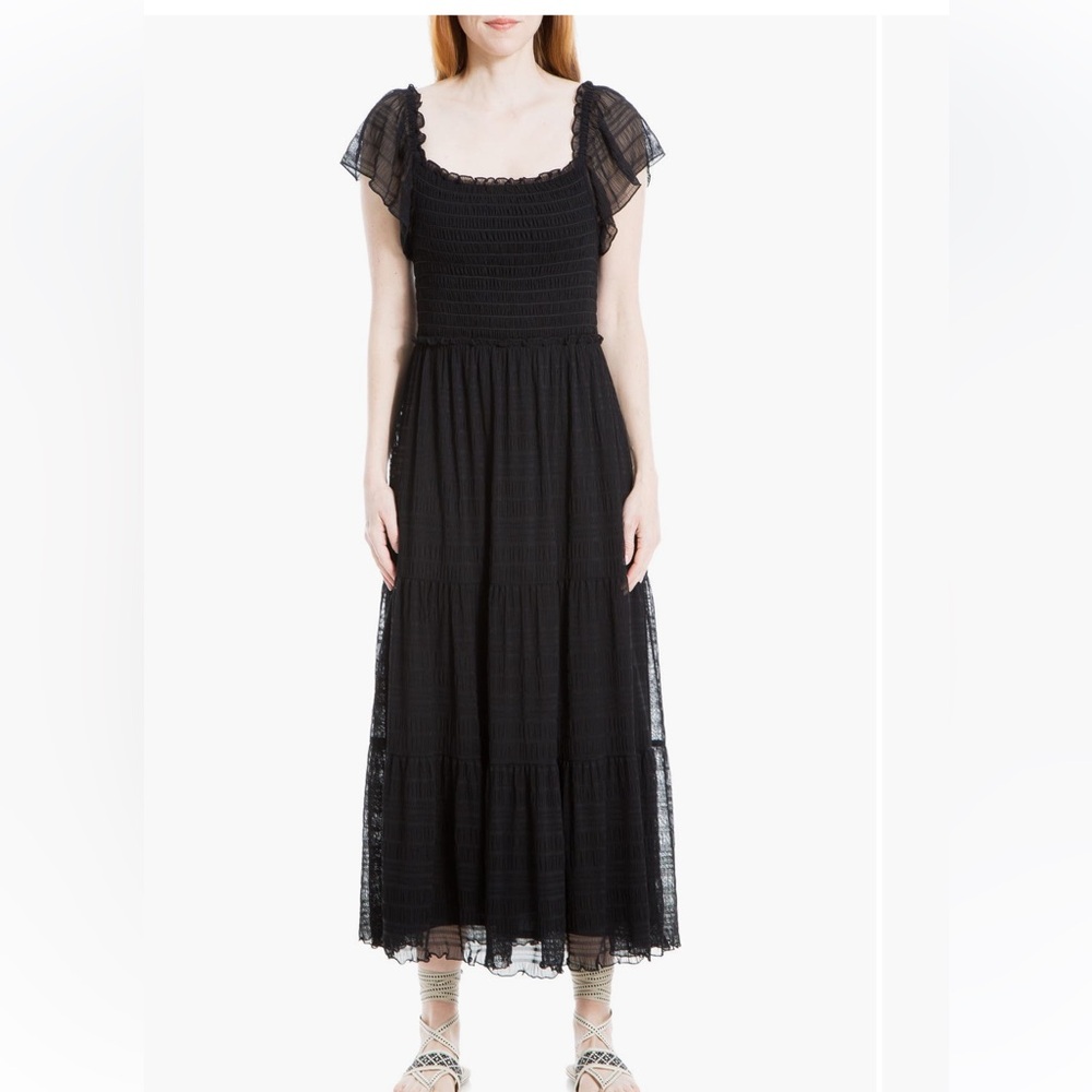 Max Studio Black Smocked Maxi Dress with Flutter Sleeves